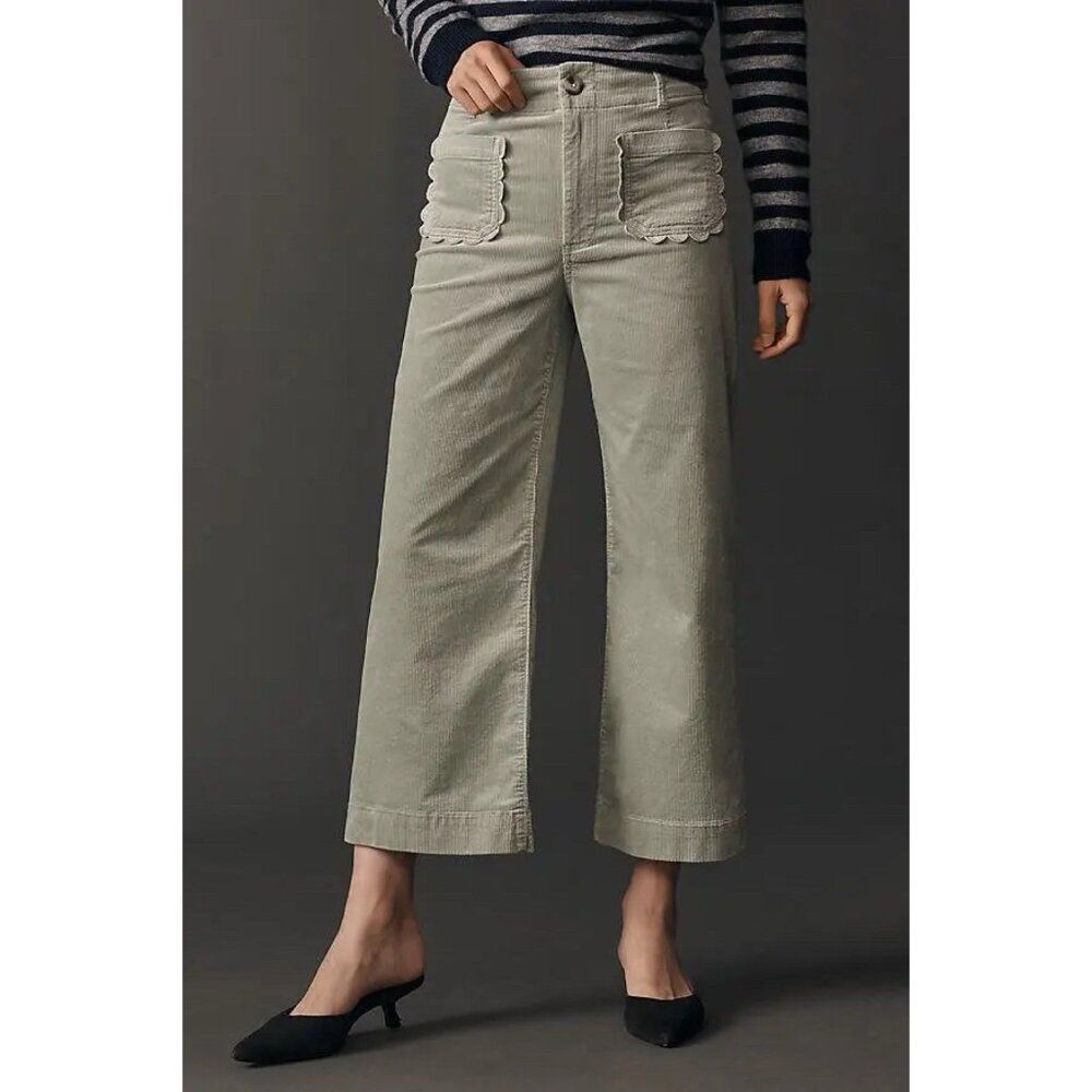 Anthropologie Colette Corduroy Crop Pants Scallop Pocket Wide Leg Size 30 Green